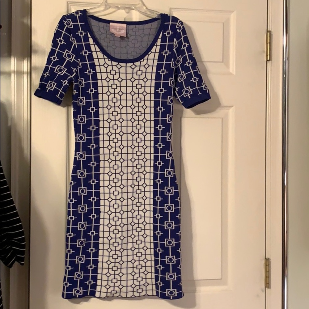 Blue and white dress.